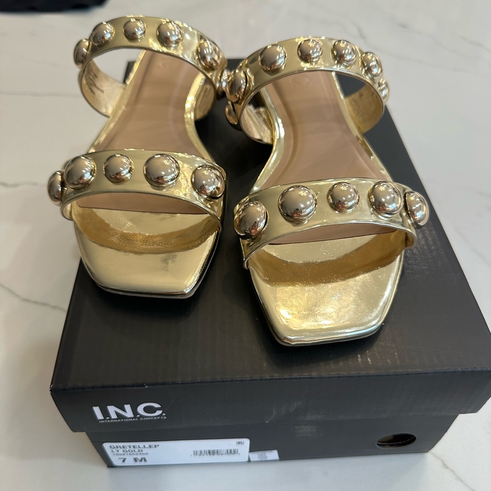 INC International Concepts Metallic Gold Stud Double-Strap Slide Sandals